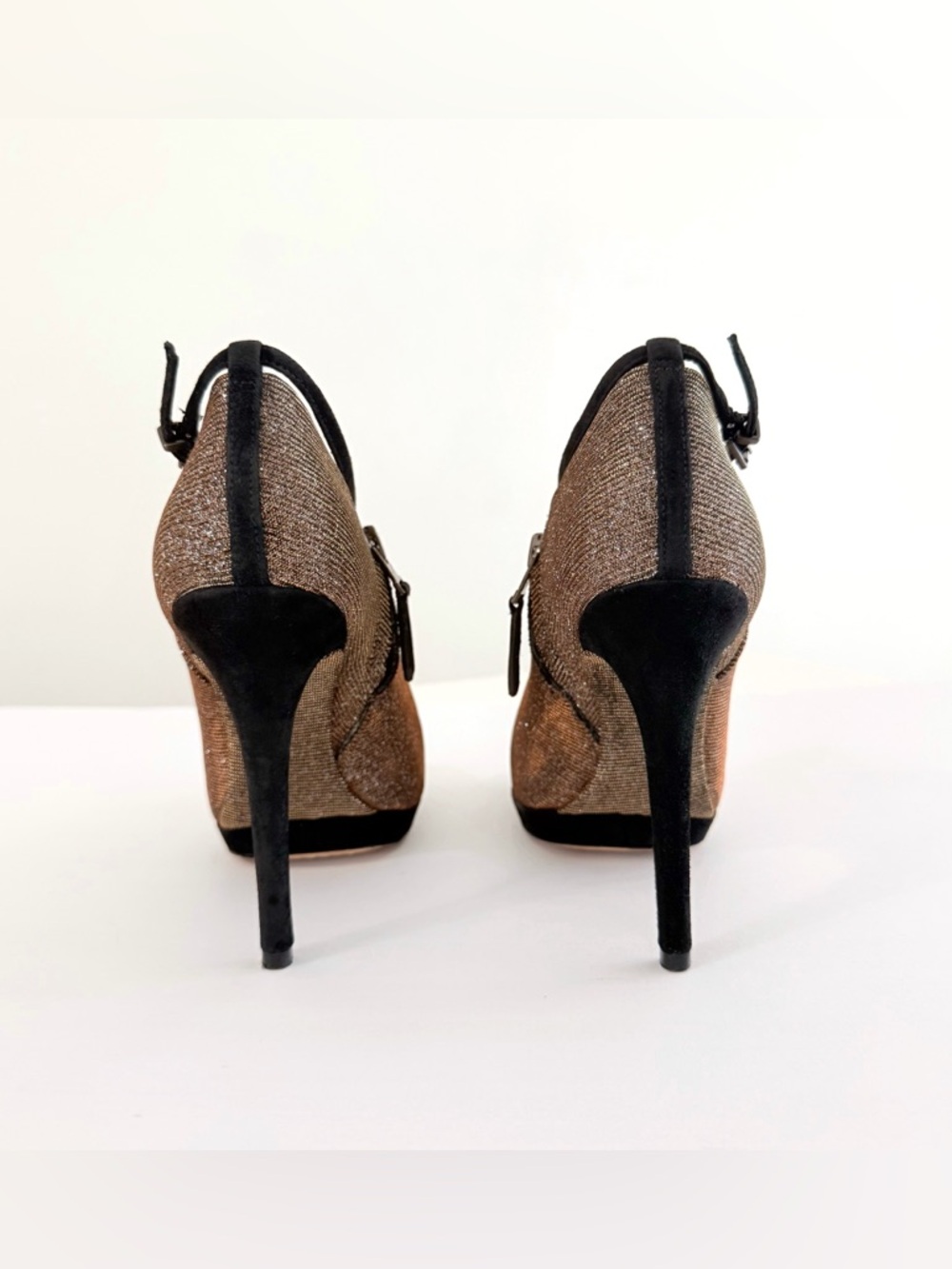 BRIAN ATWOOD FRUITERA BLACK SUEDE METALLIC GOLD SILVER HIGH HEEL BOOTIES - Picture 5 of 11